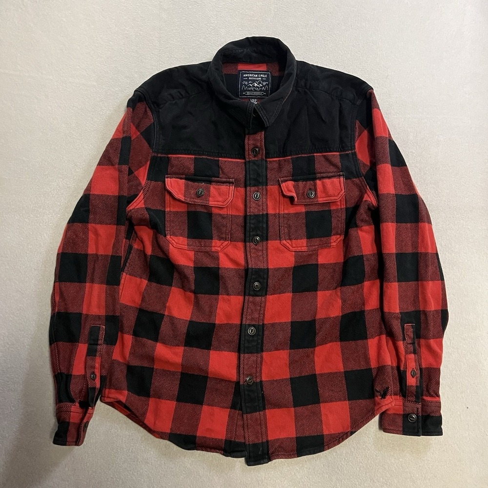 American Eagle Flannel Shirt Men's Large Button Up Buffalo Plaid Heavy Shacket